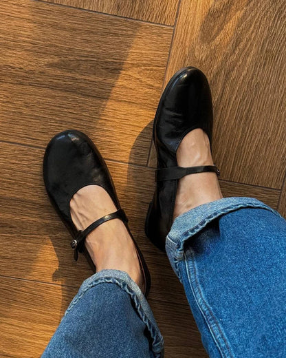 Mary Janes Women Calfskin Leather Round Toe Pleated Pattern Buckle Strap Solid Color Flat Shoes Ladies Handmade 28337