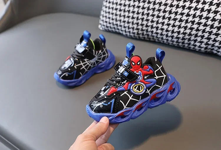 Disney Children's Sneakers Boys Cartoon Spiderman Led Light Sport Shoes Student Shoes Hook Anti-slip Kids Outdoor Shoes