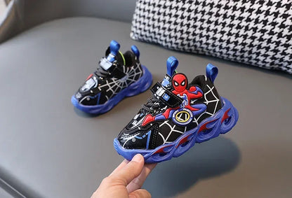Disney Children's Sneakers Boys Cartoon Spiderman Led Light Sport Shoes Student Shoes Hook Anti-slip Kids Outdoor Shoes