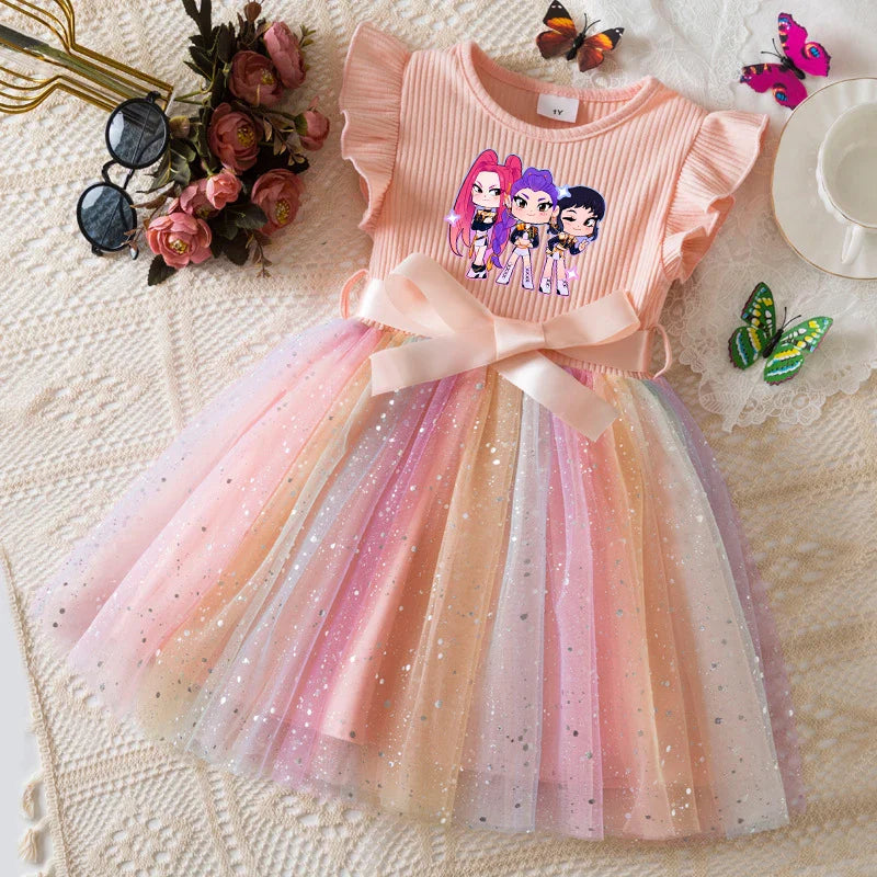 K-Pop Hunters Zoey Mira Rumi Girls Flying Sleeves Bow Sequin Dress Kids Baby Girl Birthday Party Fluffy Tutu Princess Dress 1-5Y