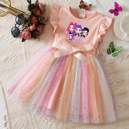 Girls Flying Sleeves Bow Sequin Dress Kids Baby Girl Birthday Party Fluffy Tutu Princess Dress 1-5Y