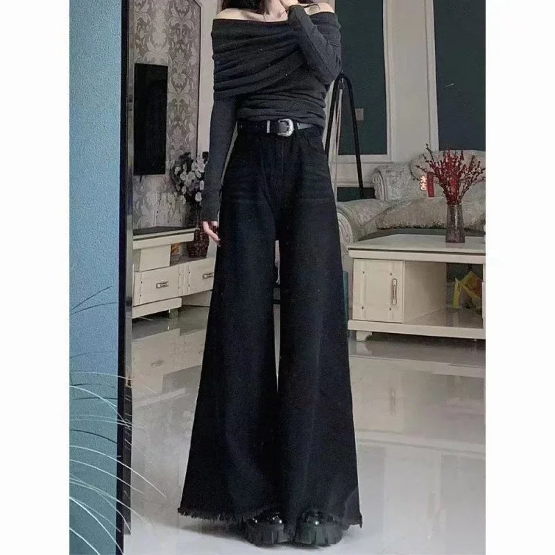 Loose-Fit Slimming Fringe Drag-Ground Micro-Flare Bottom Pants