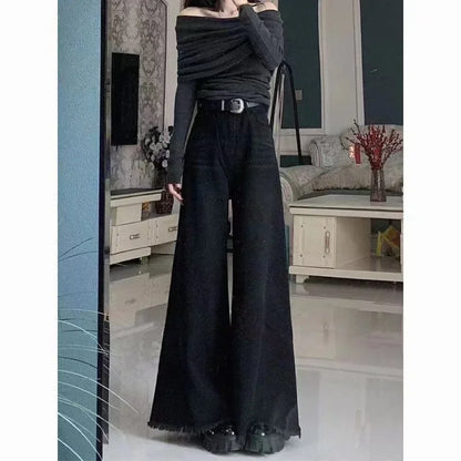 Loose-Fit Slimming Fringe Drag-Ground Micro-Flare Bottom Pants