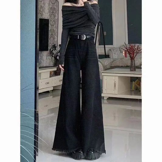 Loose-Fit Slimming Fringe Drag-Ground Micro-Flare Bottom Pants