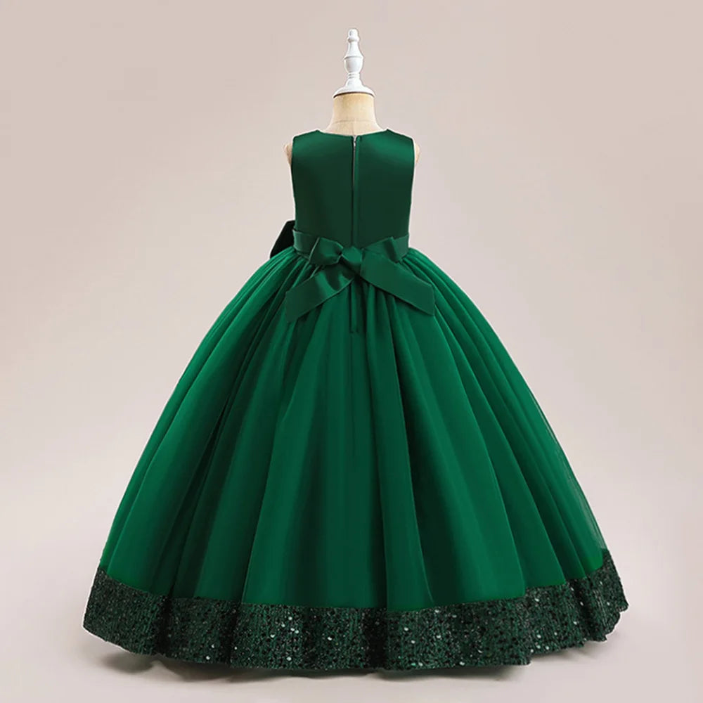 Teen Girls Luxury Big Bow Evening Gown Wedding Bridesmaid Party Dress For Girl Kids Sequin Princess Birthday Dresses Summer Wear