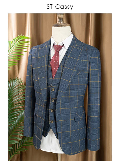 Dark blue 3 Piece Checkered Suit Set  Stylish Business Office Wedding Formal Outfit Elegant full man suit