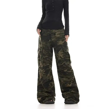 American retro washed design camouflage work pants for men and women, loose straight leg multi pocket wide leg casual paratroope