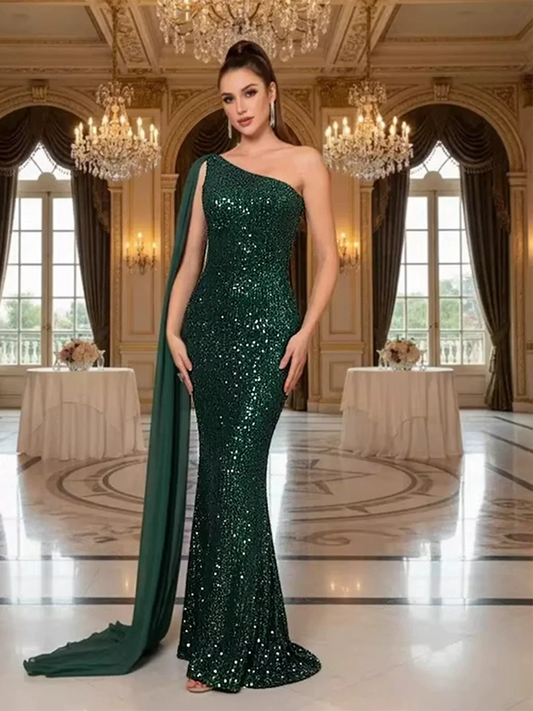 One Shoulder Chiffon Ribbon Flip Green Sequined Evening Dress Long Prom Maxi Gown for Women