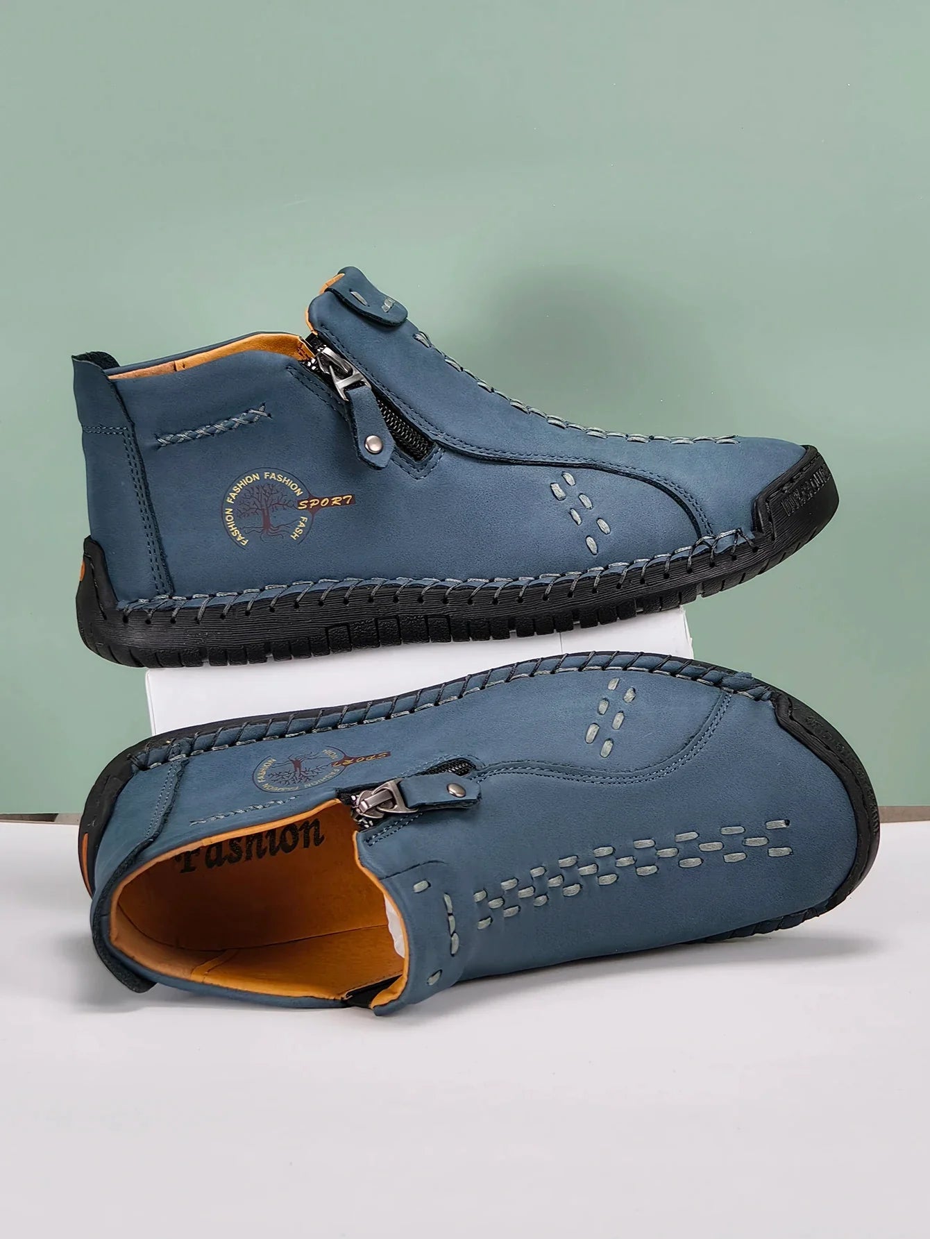 Sapatos Masculinos Clássicos de Couro Feitos à Mão, Design com Zíper, Tênis Esportivos para o Ar Livre, Sapatos Casuais Respiráveis com Elástico, Botas Masculinas de Couro no Tornozelo
