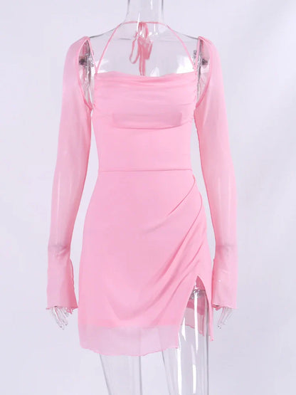 Halter Flounce Sleeves Mesh Pink Dress Women Sexy Solid Backless Bandage Mini Vestido Summer Vacation Party Club