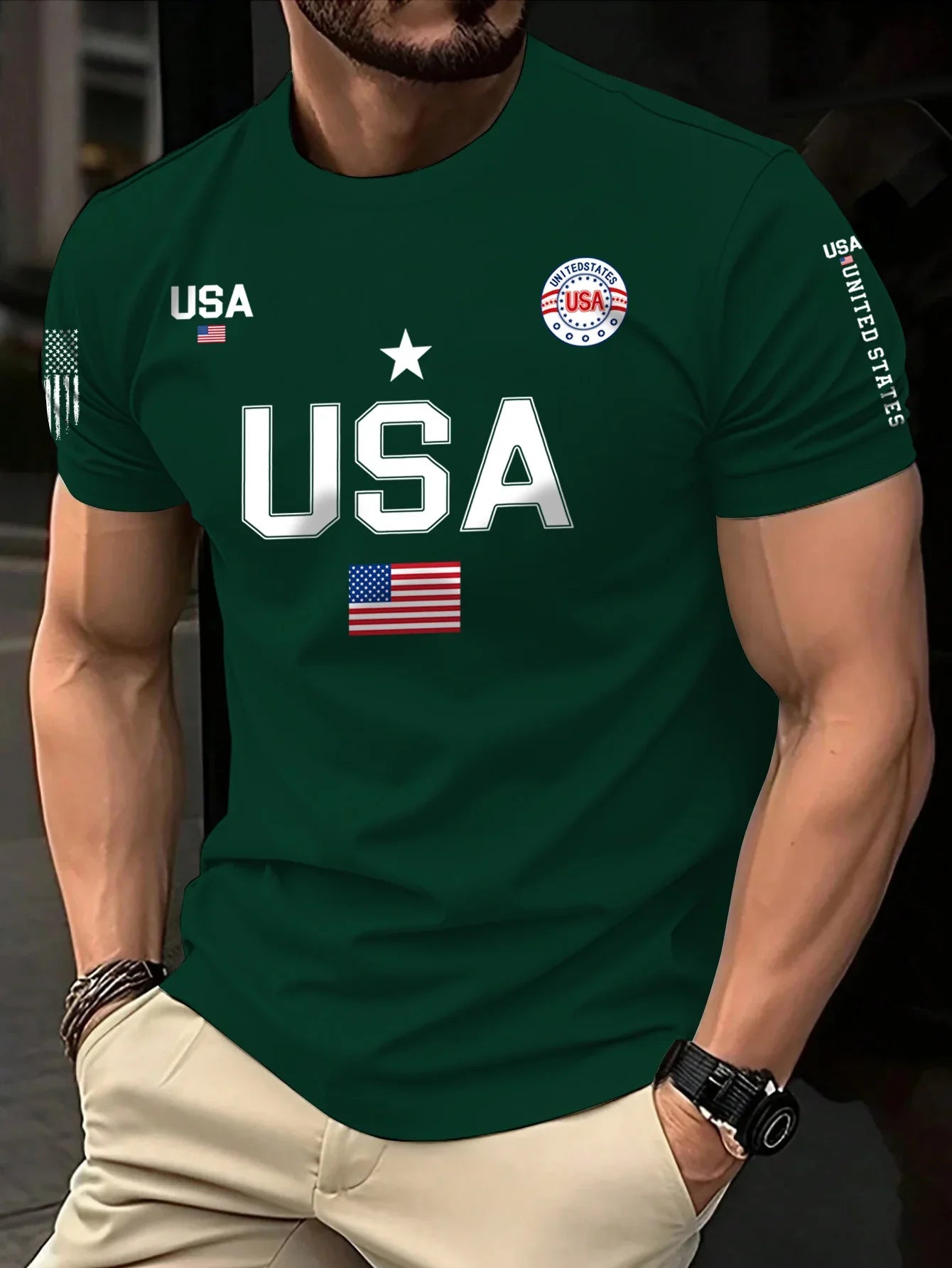 New  Men's Short-Sleeved Round-Neck T-shirt with USA Flag Print - Fashionable Trendy Summer Running and Sports T-shirt