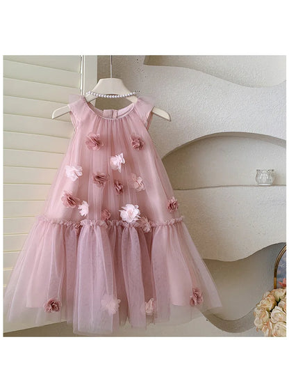 Girls' Sleeveless Floral Mesh Dress - Princess Party Gown for Toddlers 2-8 Years, Breathable Wedding & Special Occasion Dress
