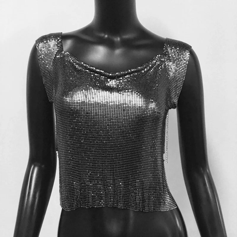 Women Metal Sequins Crop Tops Sexy Hollow Out Sleeveless Backless Y2k Tank Tops Nightclub Party Rave Festival Camisole 2023 New