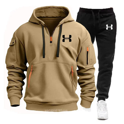 Men's autumn and winter new zipper long sleeved hooded sweatshirt, sports and casual pants, two-piece fitness jogging suit