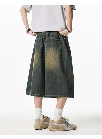 2025 Summer Men's Wide Leg Jeans Shorts Vintage Distressed Wash Y2K Straight Elastic Waist Loose Casual Relaxed Fit