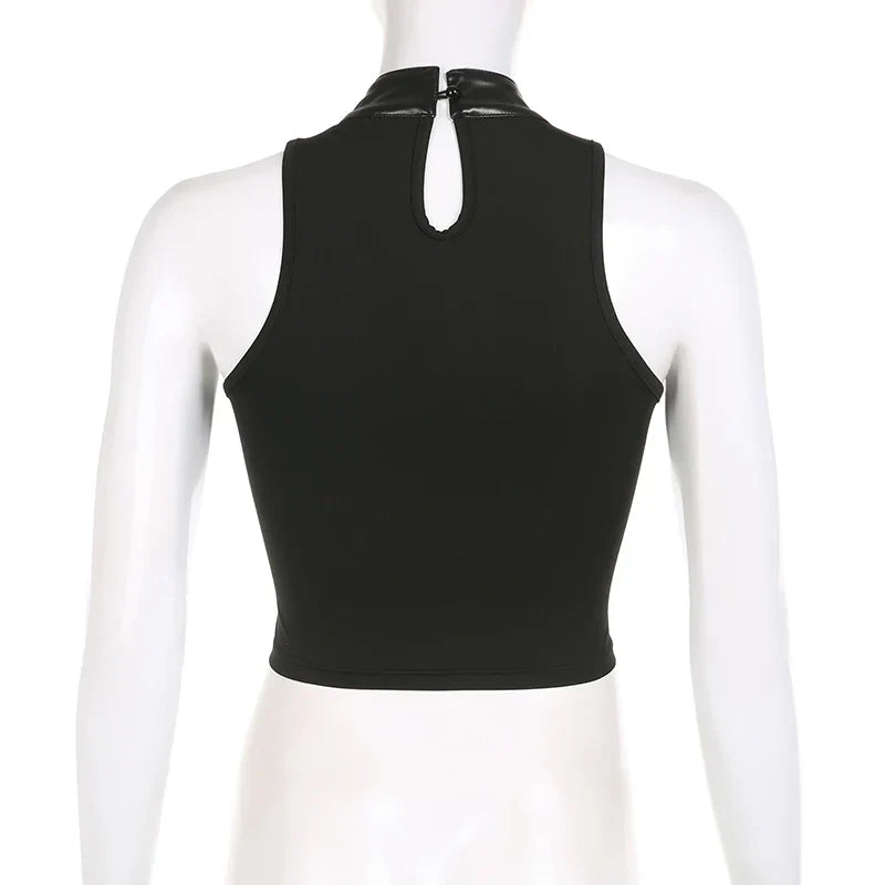 Punk Style Leather PU Patchwork Crop Tops Women Grunge Biker Sleeveless Corset Tank Top Streetwear Dark Academia Vest