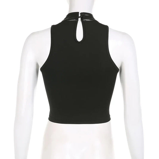 Punk Style Leather PU Patchwork Crop Tops Women Grunge Biker Sleeveless Corset Tank Top Streetwear Dark Academia Vest