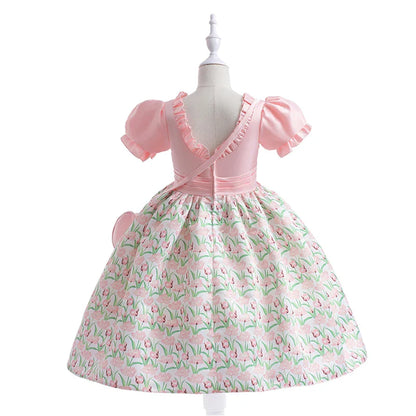 Summer Girls Dress With Bag Elegant Kid Floral Print Princess Party Dresses For Girl Children Costume Birthday Wedding Prom Gown