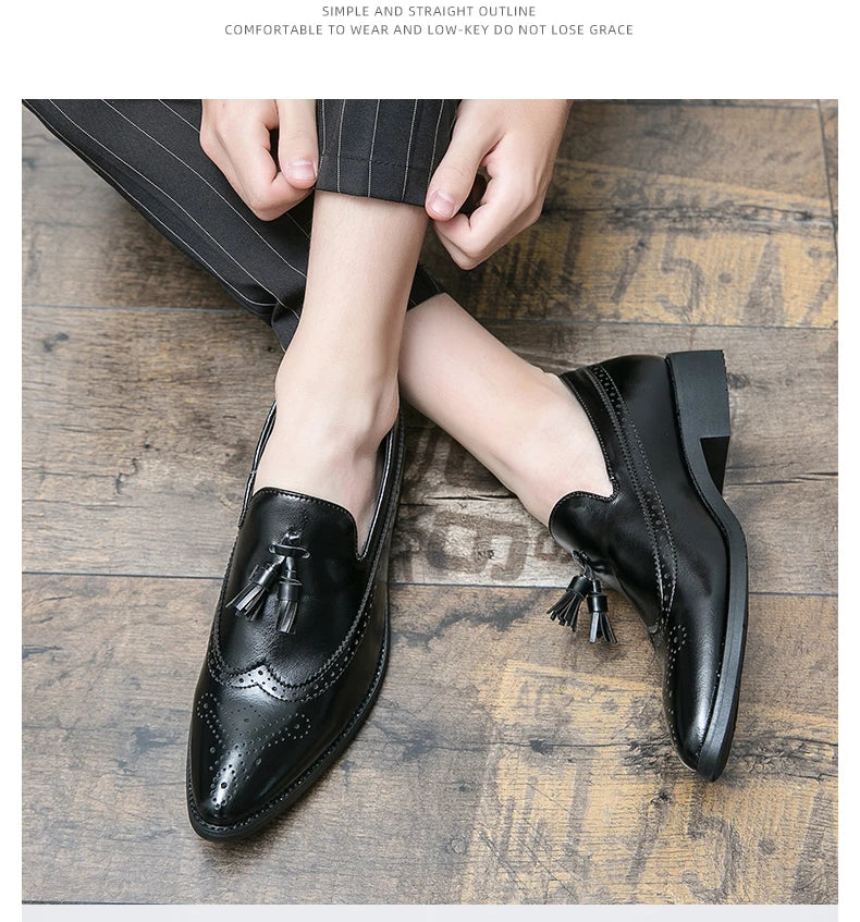 Pointed Toe Brogues Shoes Men Classic Casual Business Leather Shoes For Men Formal Social Party Leather Tassel Loafers Male