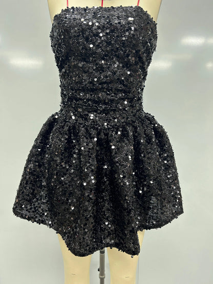 Sexy Shoulder Backless Sequin A-line Mini Dress for Women - Elegant Glitter Party Outfit for Graduation Cocktail Night Club