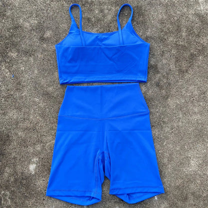2 Piece Yoga Shorts Set Gym Sports Set Women Workout Clothes Fitness Suit Thin Strap Bra Top High Waist Shorts Running Tracksuit