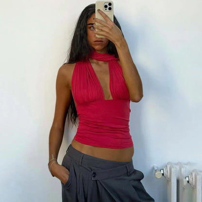 Halter Neck Backless Sexy Vest Women's Summer Slim Strappy Fashion Elasticity V-Neck Vest Solid Vacation Party Female Top 2026