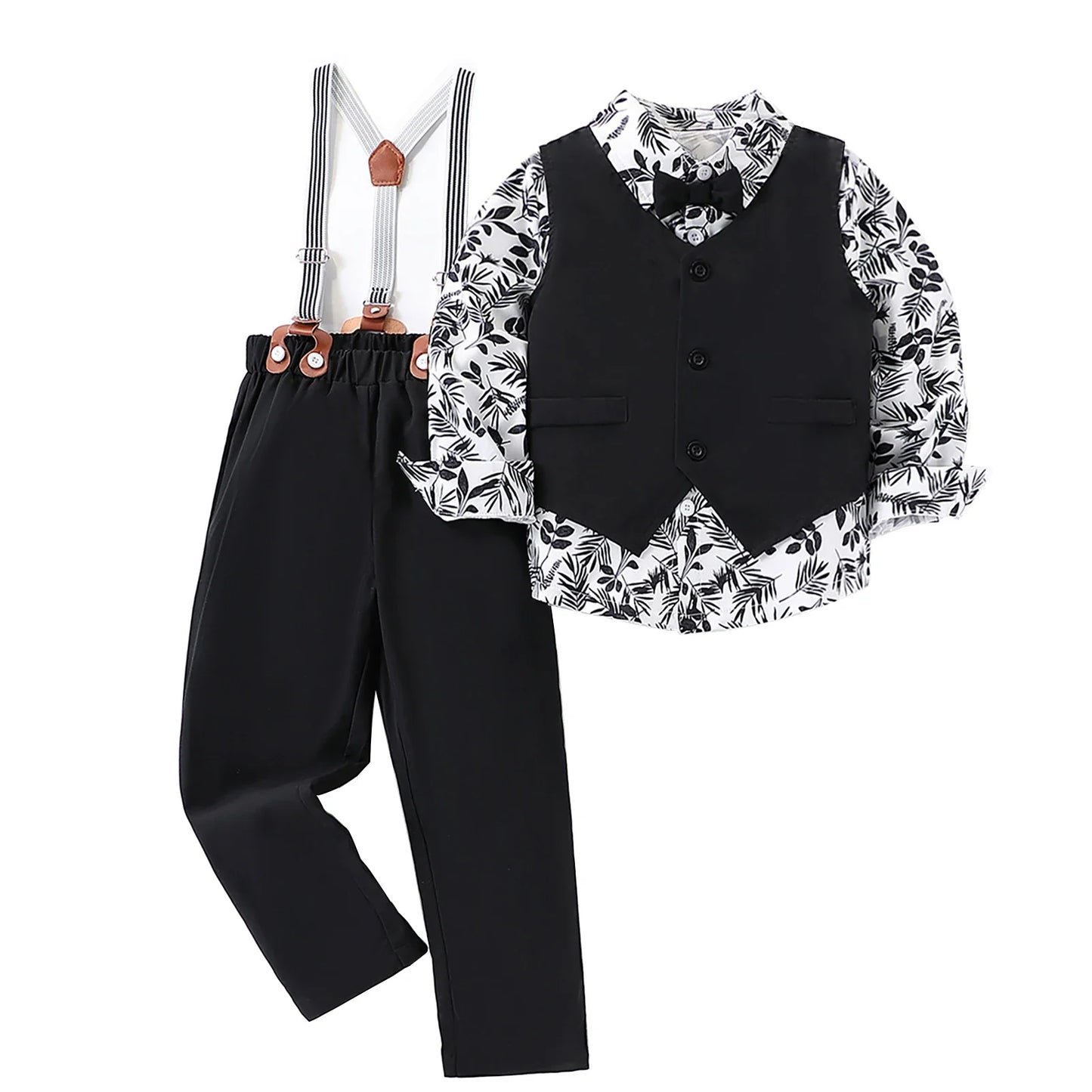 Boys' Formal Suit Printed Shirt with Gentleman's Vest and Pants Suit Suitable for 4-7 Years Old