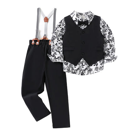 Boys' Formal Suit Printed Shirt with Gentleman's Vest and Pants Suit Suitable for 4-7 Years Old