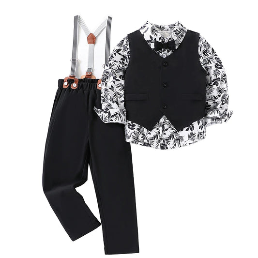 Boys' Formal Suit Printed Shirt with Gentleman's Vest and Pants Suit Suitable for 4-7 Years Old