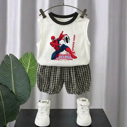 Summer Cute Cartoon Printed Boys Casual Outfits Kids Fashion Plaid Shorts Sets Children Sleeveless Top and Bottom Two Piece Sets
