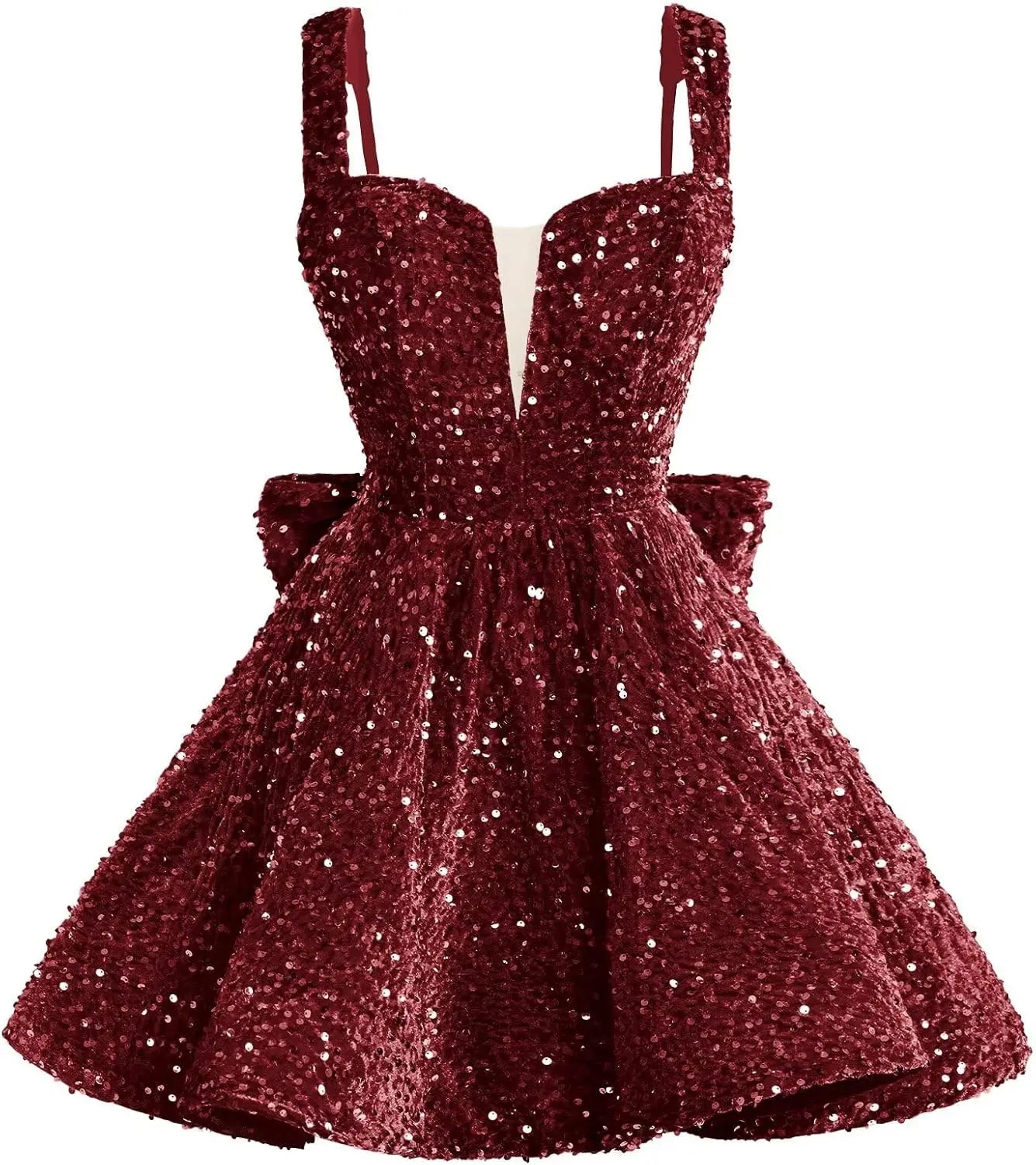 Sparkly Sequin Homecoming Dresses 2026 Short Spaghetti Straps V Neck Cocktail Party Gowns with Bow  Mini Dress Graduation Dress