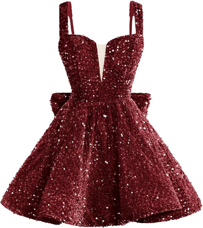 Sparkly Sequin Homecoming Dresses 2026 Short Spaghetti Straps V Neck Cocktail Party Gowns with Bow  Mini Dress Graduation Dress