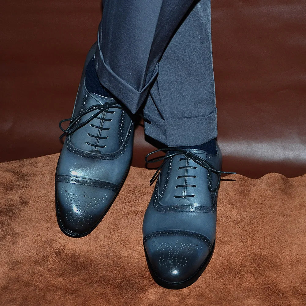 Italian Mens Dress Shoes Genuine Leather Cap Toe Oxfords Lace-up Black Brown Wedding Business Office Brogue Formal Shoes for Men