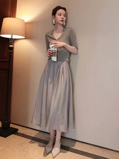 French fashion senior sense half skirt women's summer small A-line silk skirt thin high waist knitted slimming long skirt