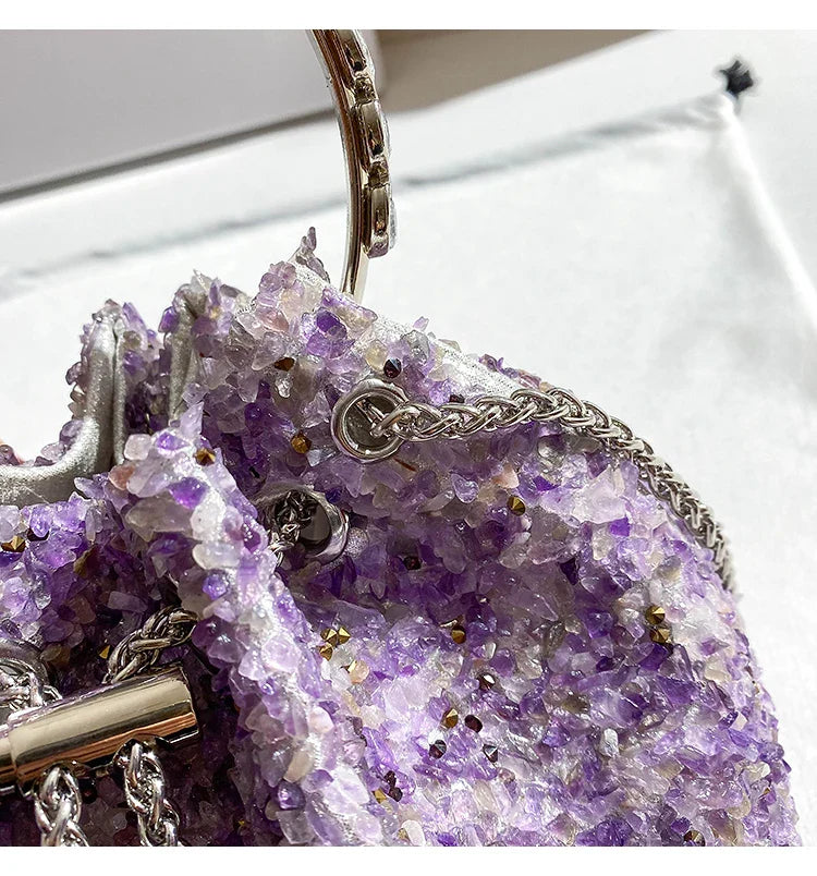 Luxury Designer Purple Stones Evening Clutch Bag Wedding Party Bucket Purse Metal Handle Women's Handbag Shoulder Messenger Bag