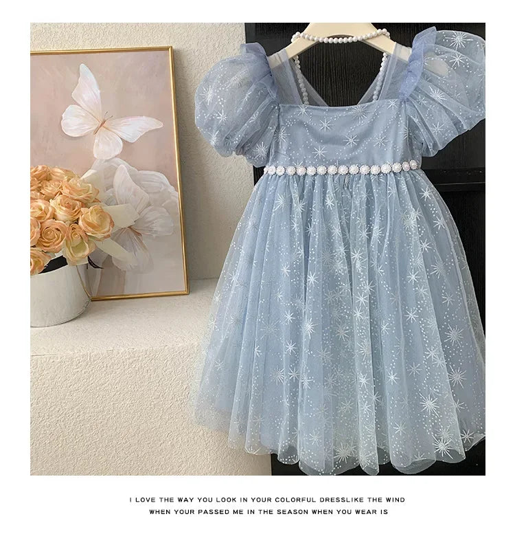 Girls Casual Dresses Summer Dress for Girls Children's Ethereal Puff-Sleeve Tulle Princess Dress Kids Clothes