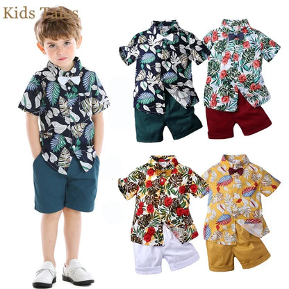 Toddler Baby Boys Sets Summer Hawaiian Outfit Infant Kids Floral Print Short Sleeve Shirt Bowtie Shirt+Shorts Gentleman Suits