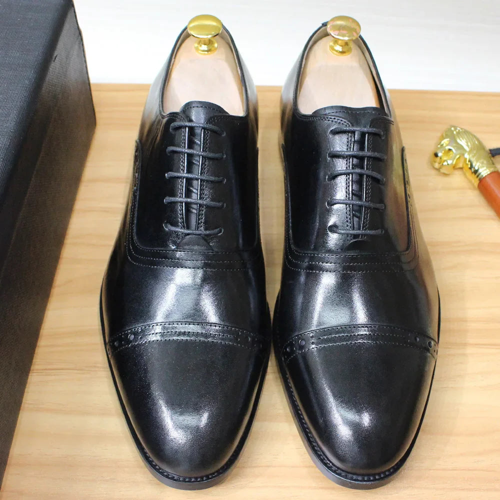 Men's Genuine Leather Oxfords Handmade Cap Toe Dress Shoes Lace-Up Formal Wedding Shoes Business Office Male Footwear