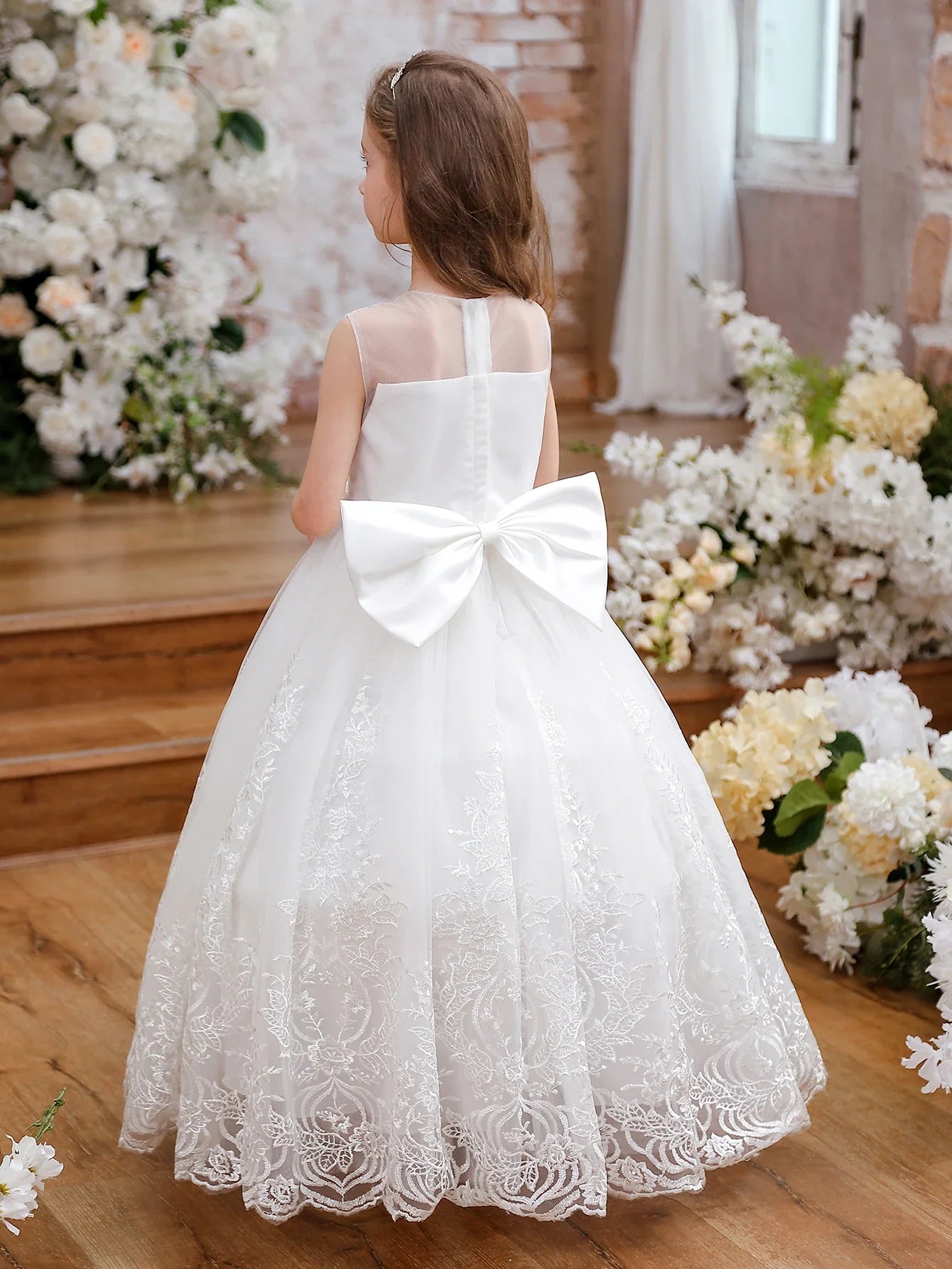 lower Girl Dress Embroidery Tulle Lace for Kid Bridesmaid Birthday Party Communion Formal Princess Bow Ball Gown