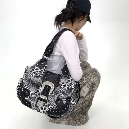 Y2K street personality spicy girl leopard print patchwork tote bag with multiple pockets and rivets retro crossbody handbag
