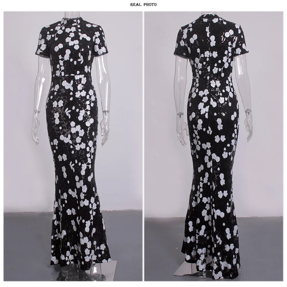 O Neck Short Sleeve Graduation Dresses Flowers Sequined Long Bodycon Stretchy Women Evening Dress Summer 2025