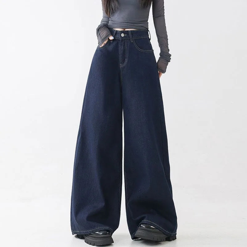 High Waist Straight Leg Loose Fit Denim Jeans Women's Floor Length Lazy Wide Leg Meat Concealing Deep Blue American Style Long P