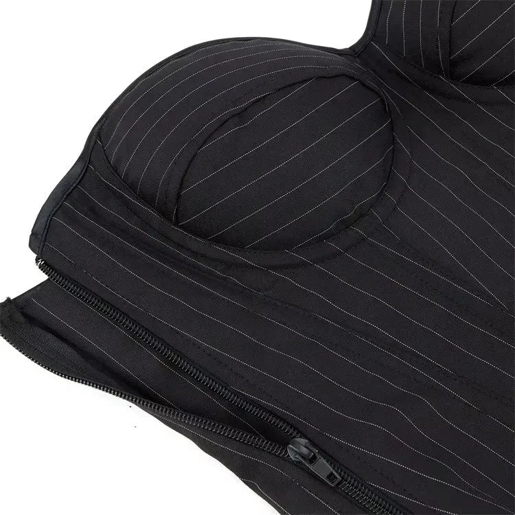 Black Striped Zipper Overbust Corset and Bustier Shapewear Top for Women Office Lady Corselet