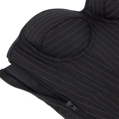 Black Striped Zipper Overbust Corset and Bustier Shapewear Top for Women Office Lady Corselet