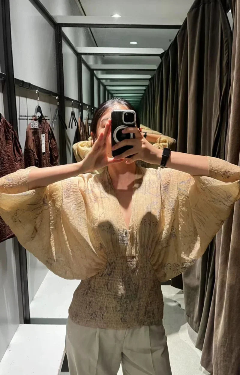 2025  autumn/winter new elegant fashion wide sleeve V-neck print shirt comfortable retro waist top