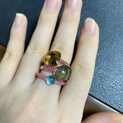 Conjunto de 3 anéis empilháveis ​​Nudo para mulheres, conjunto com cores mistas, cristais tipo bala incrustados, zircônia, ametista, topázio azul, joia redonda, presente