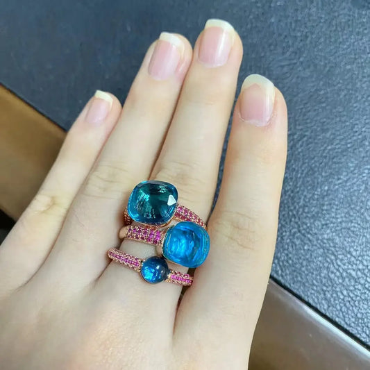 3Pcs/Set Nudo Ring Stacking Set for Women Mix Color Candy Crystal Inlay Zircon Amethyst Blue Topaz Round Jewelry Gift