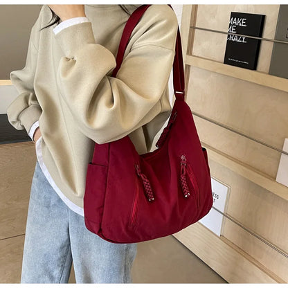 Summer Women Solid Color Shoulder Bag Fashion Lightweight Versatile Travel Crossbody Bag Commuter Nylon Large Capacity Hobo Bag