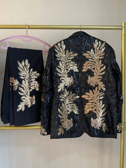 Men's Gold Sequin Applique Fashion Trend Suit Set High-Quality Casual Jacket And Western Pants Two-Piece Ensemble