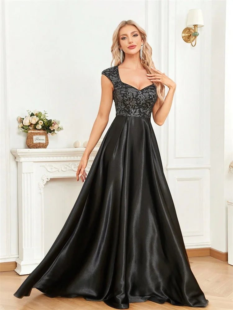 Vestido Longo Preto Elegante com Lantejoulas para Noite Feminino 2025 Luxuoso Decote U Cetim Formatura Festa Coquetel